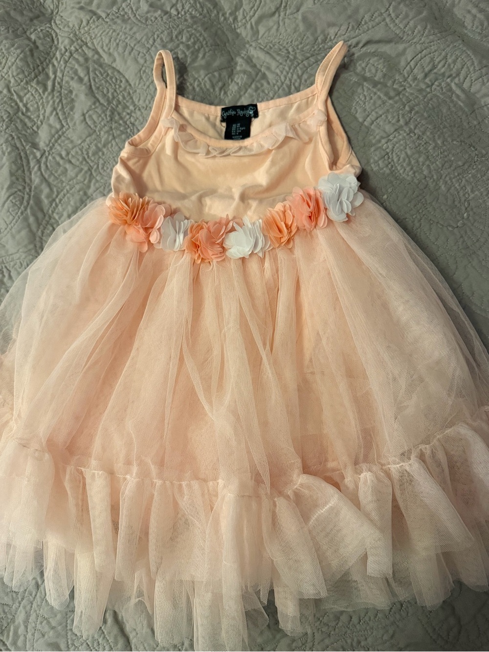 Adorable fairy princess Peach Flower-Trim Tulle Dress